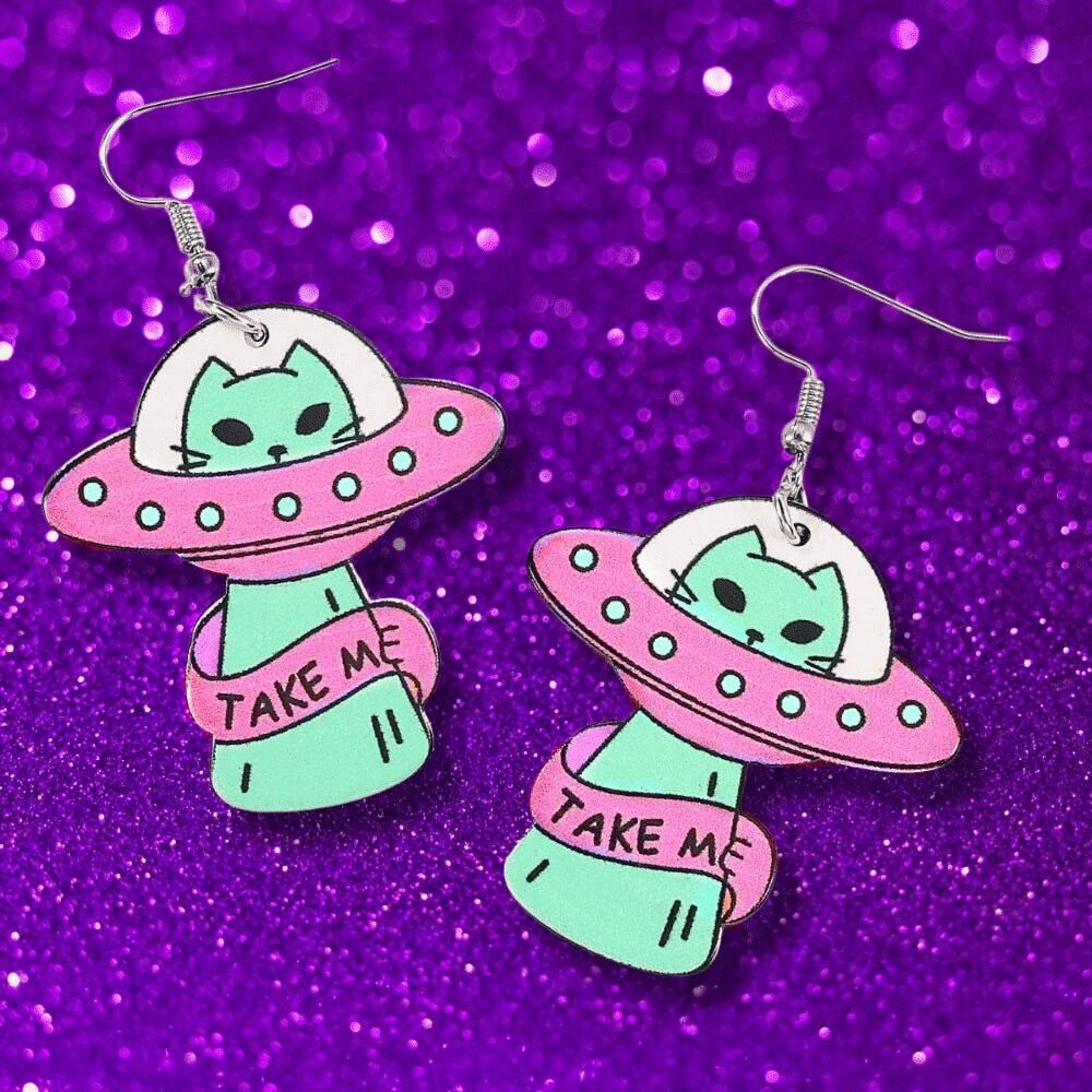 Pink and Mint Green UFO Cat Acrylic‎ Earrings